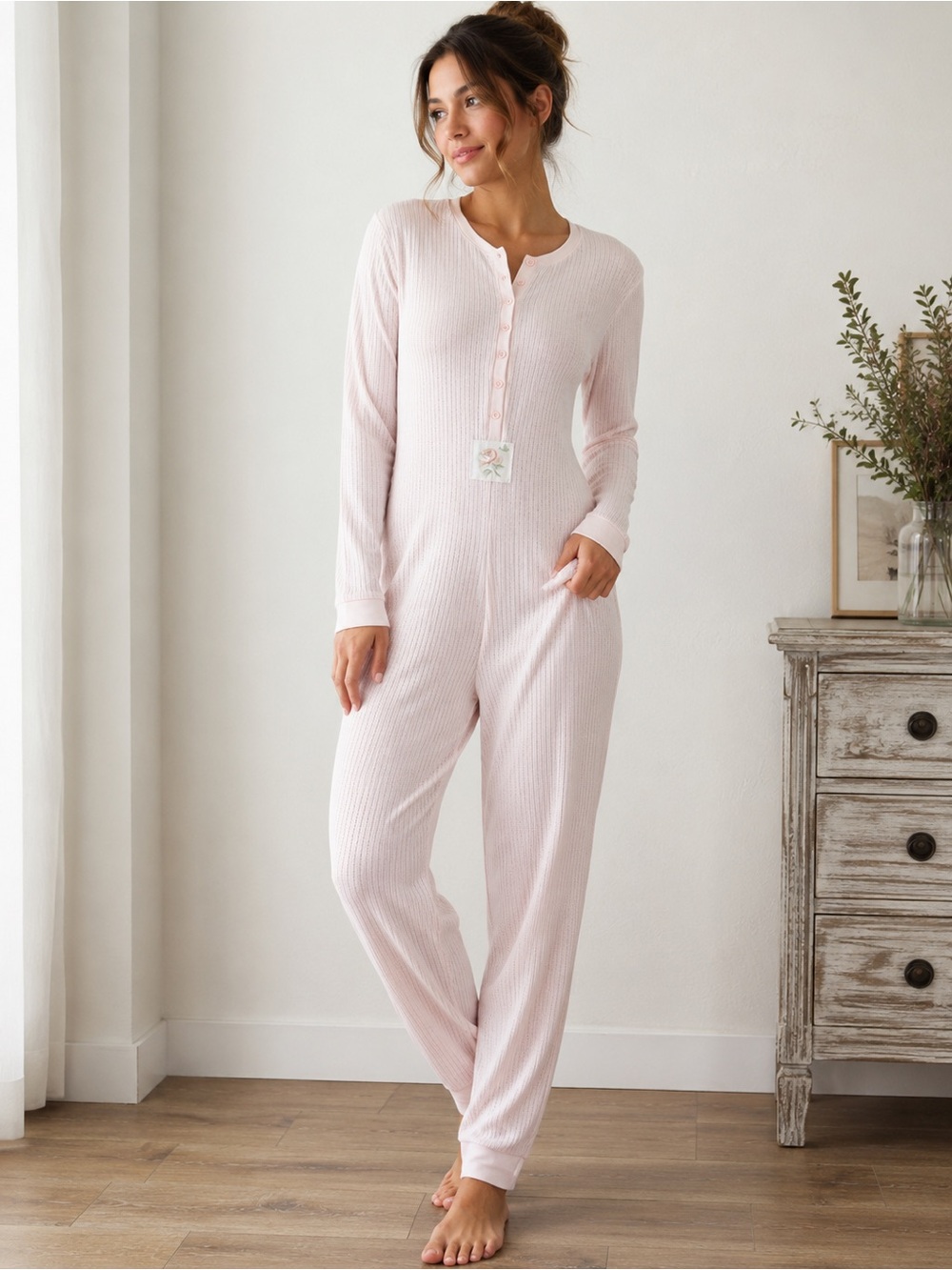 VTG Victoria’s Secret Pink Thermal Henley One Piece Pajama Jumpsuit Petite Small